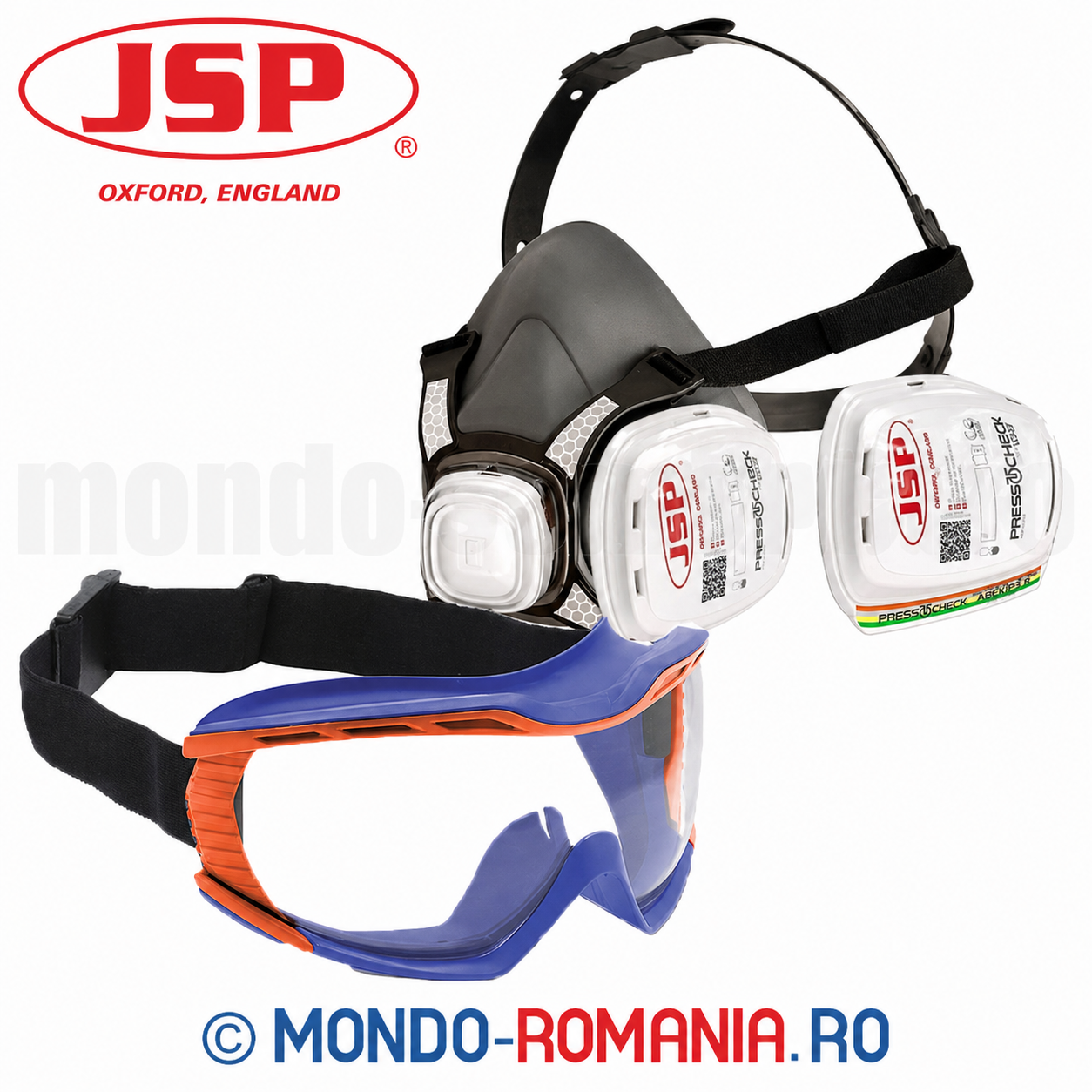 1 semimasca JSP FORCE8 echipata cu 2 filtre de protectie ABEK1P3 + 1 ochelari JSP Stealth 9100